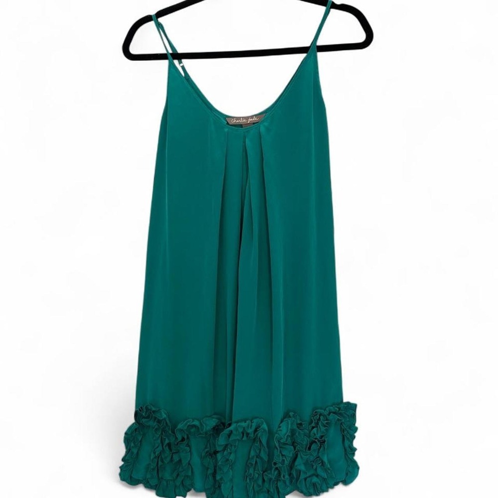 Charlie Jade Women's Size Medium Green Slip Dress With Ruffles 100% Silk Size S